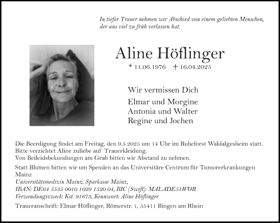 Traueranzeige von Aline Höflinger von Binger-/Ingelheimer Wochenblatt