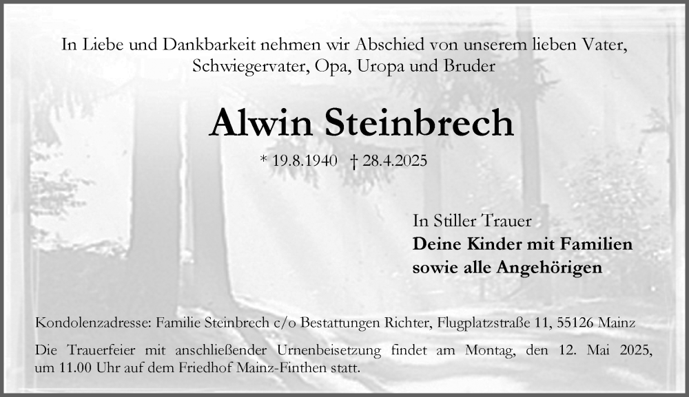  Traueranzeige für Alwin Steinbrech vom 03.05.2025 aus Allgemeine Zeitung Mainz