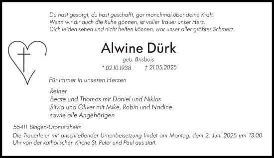 Traueranzeige von Alwine Dürk von Binger-/Ingelheimer Wochenblatt