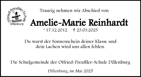 Traueranzeige von Amelie Marie Reinhardt von Dill Block