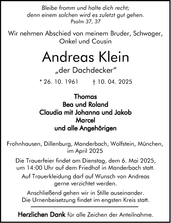 Traueranzeige von Andreas Klein von Dill Block