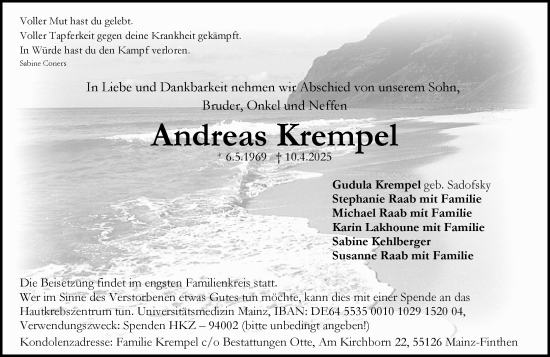 Traueranzeige von Andreas Krempel von Allgemeine Zeitung Mainz