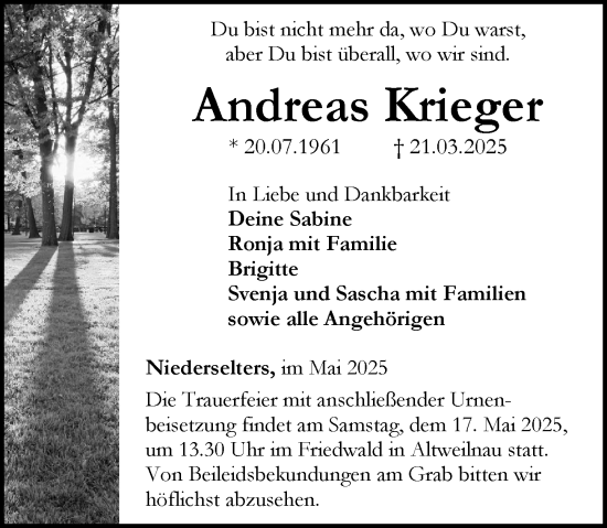 Traueranzeige von Andreas Krieger von Camberger Anzeiger