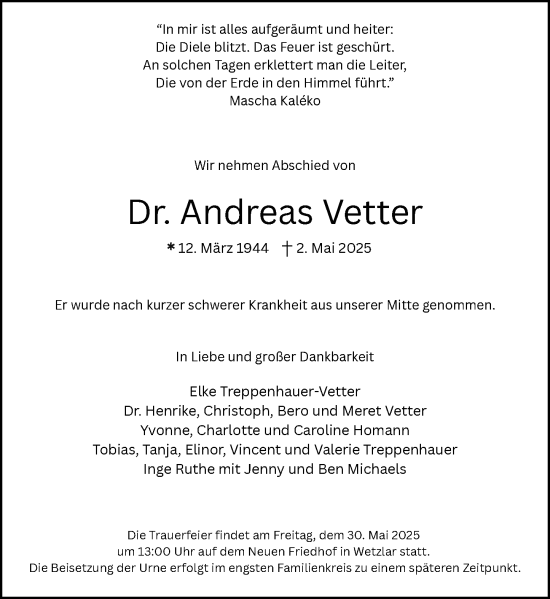Traueranzeige von Andreas Vetter von Wetzlarer Neue Zeitung