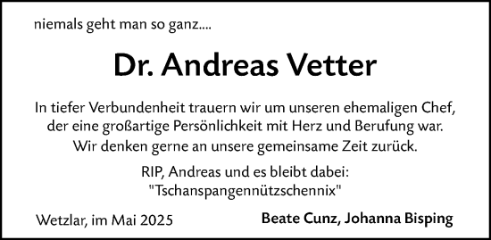Traueranzeige von Andreas Vetter von Wetzlarer Neue Zeitung