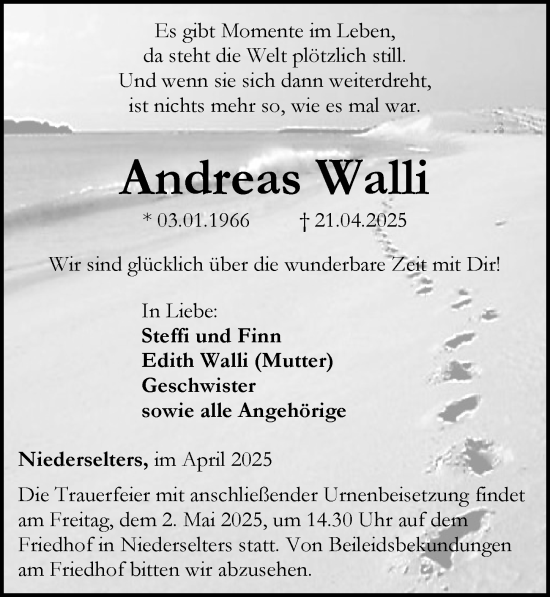 Traueranzeige von Andreas Walli von Camberger Anzeiger