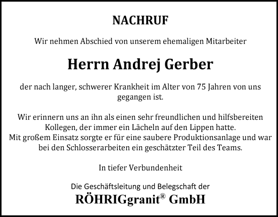 Traueranzeige von Andrej Gerber von Bergsträßer Anzeiger
