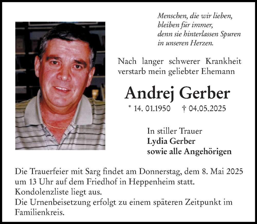  Traueranzeige für Andrej Gerber vom 07.05.2025 aus Starkenburger Echo