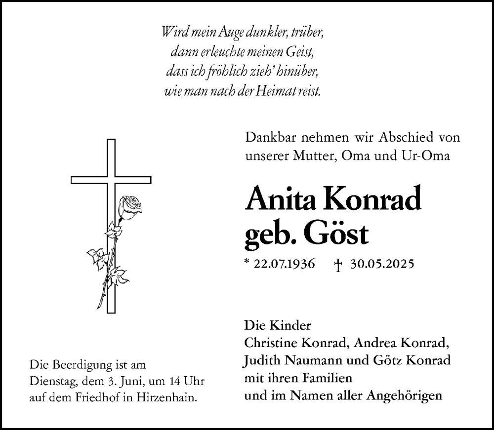  Traueranzeige für Anita Konrad vom 31.05.2025 aus Dill Block