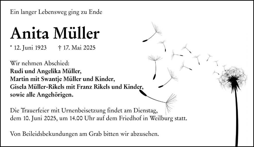  Traueranzeige für Anita Müller vom 31.05.2025 aus Weilburger Tageblatt