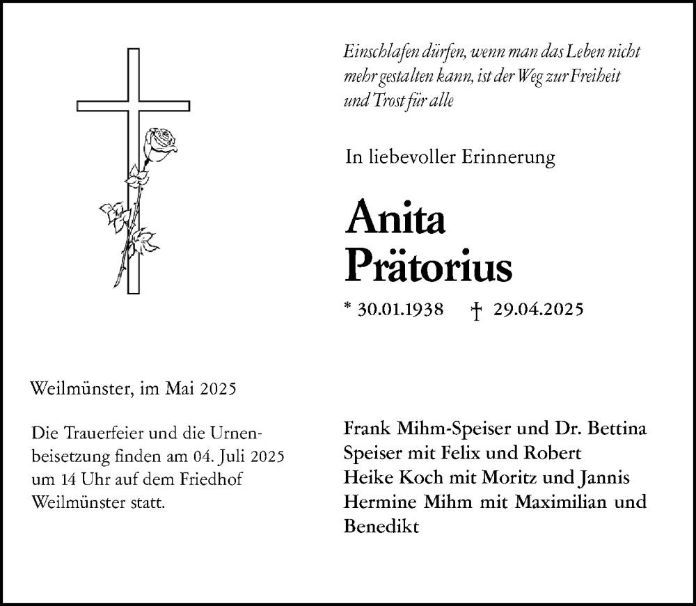  Traueranzeige für Anita Prätorius vom 31.05.2025 aus Weilburger Tageblatt