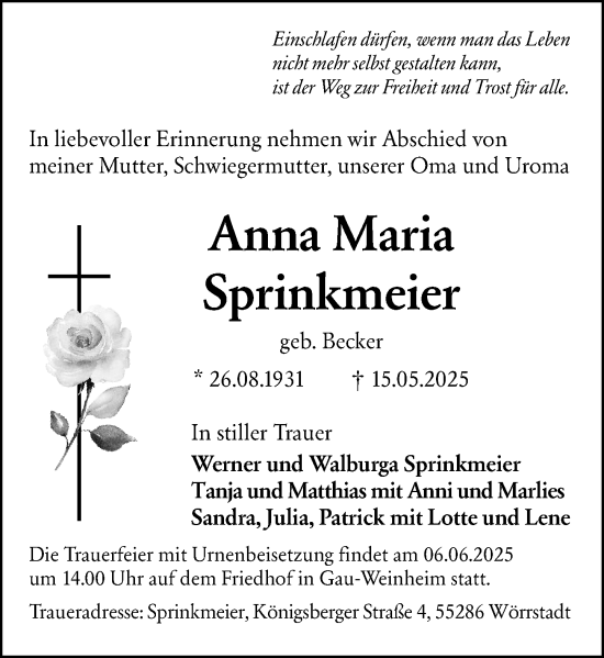 Traueranzeige von Anna Maria Sprinkmeier von Allgemeine Zeitung Alzey