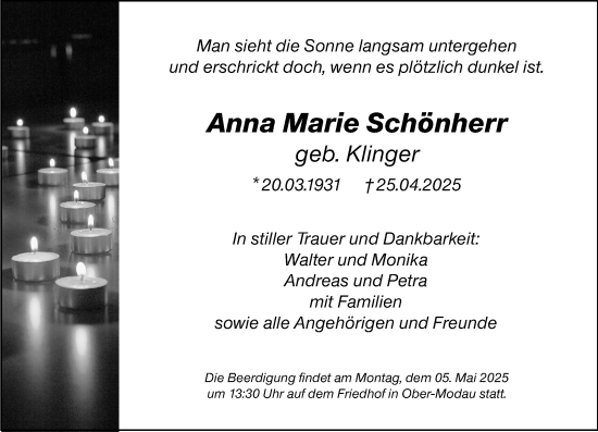 Traueranzeige von Anna Marie Schönherr von Darmstädter Echo
