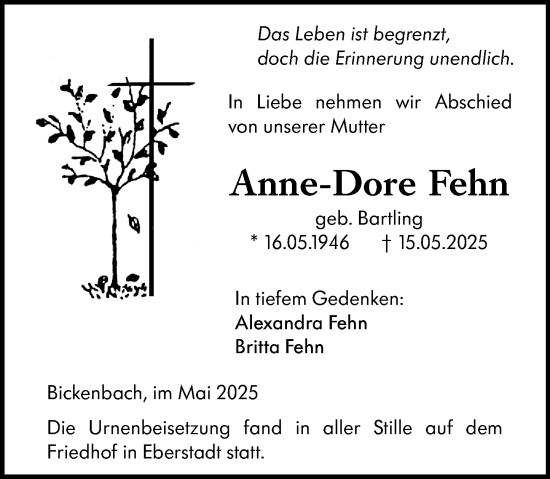 Traueranzeige von Anne-Dore Fehn von Darmstädter Echo