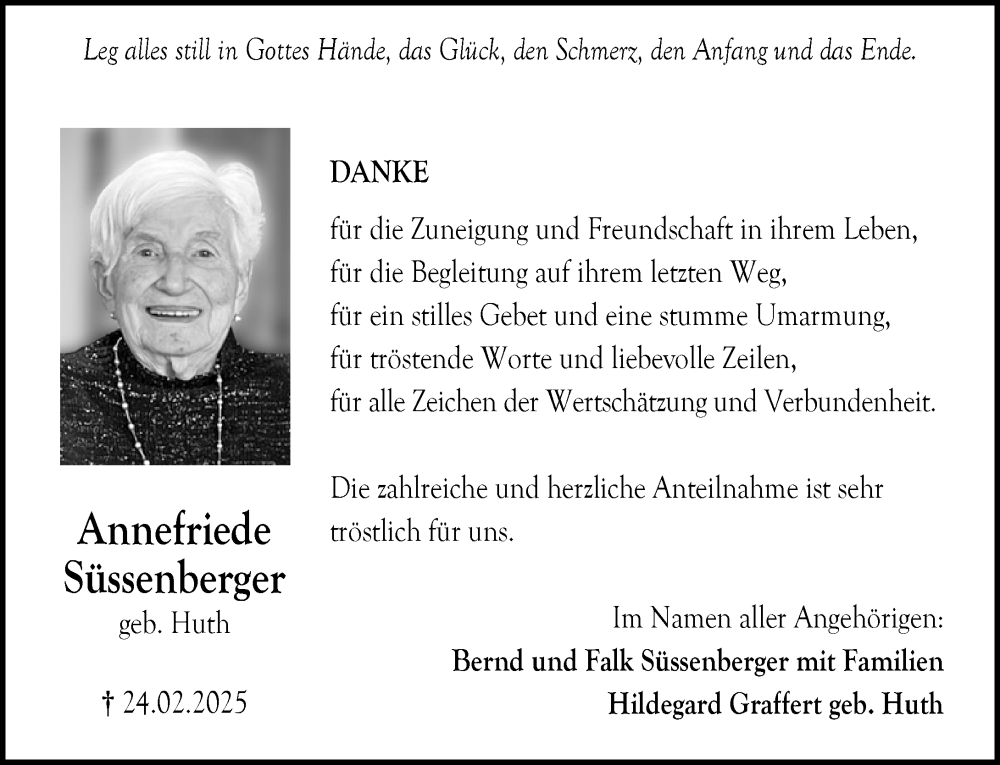  Traueranzeige für Annefriede Süssenberger vom 10.05.2025 aus Allgemeine Zeitung Rheinhessen-Nahe