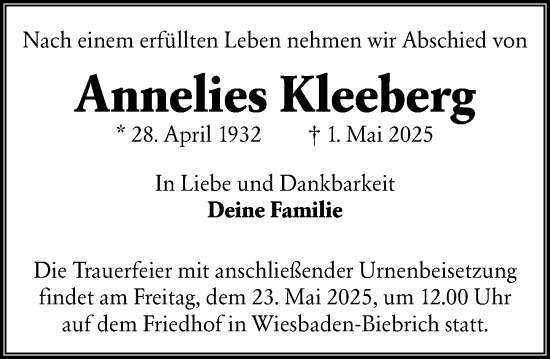 Traueranzeige von Annelies Kleeberg von Wiesbadener Kurier