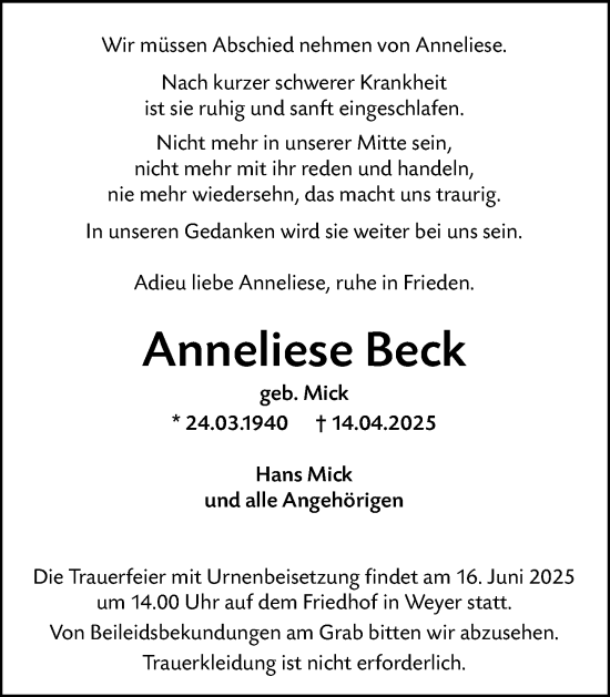 Traueranzeige von Anneliese Beck von Camberger Anzeiger