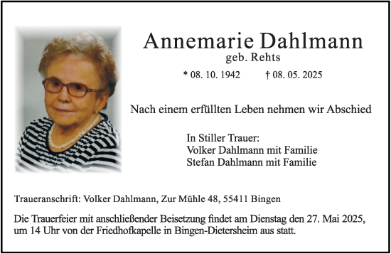 Traueranzeige von Annemarie Dahlmann von Allgemeine Zeitung Rheinhessen-Nahe