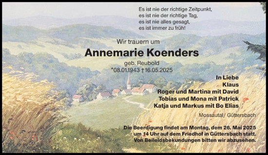 Traueranzeige von Annemarie Koenders von Odenwälder Echo