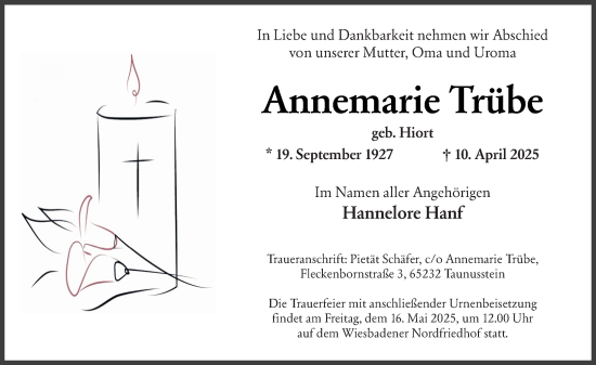 Traueranzeige von Annemarie Trübe von Wiesbadener Kurier