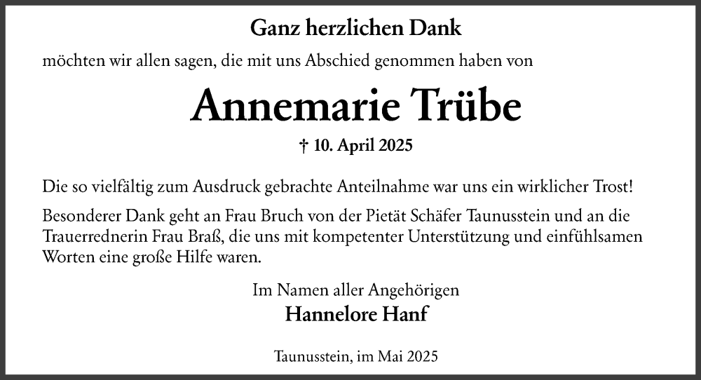 Traueranzeige für Annemarie Trübe vom 24.05.2025 aus Wiesbadener Kurier
