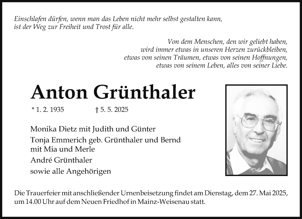  Traueranzeige für Anton Grünthaler vom 17.05.2025 aus Allgemeine Zeitung Mainz