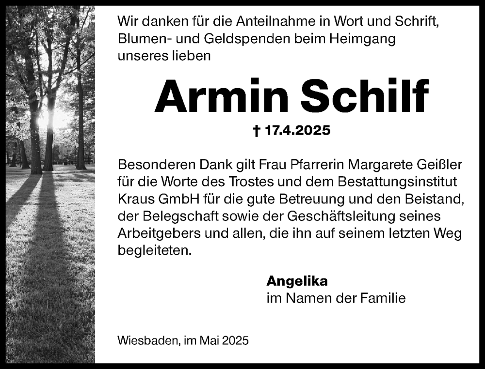  Traueranzeige für Armin Schilf vom 17.05.2025 aus Wiesbadener Kurier