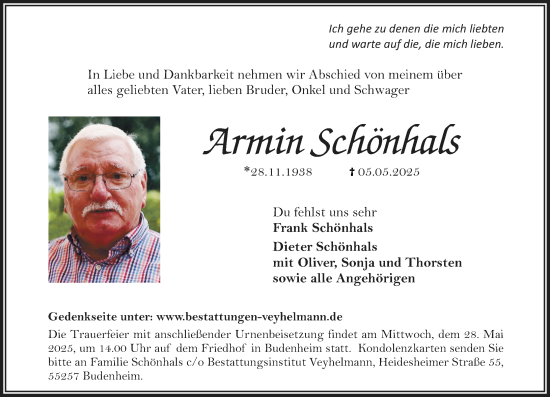 Traueranzeige von Armin Schönhals von Allgemeine Zeitung Mainz