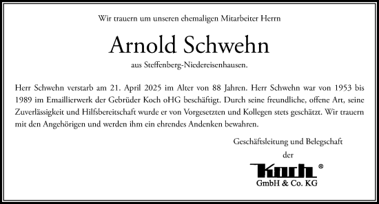 Traueranzeige von Arnold Schwehn von Dill Block