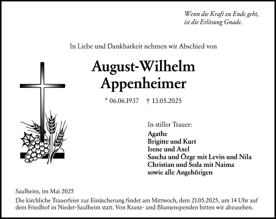 Traueranzeige von August-Wilhelm Appenheimer von Allgemeine Zeitung Alzey
