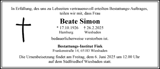 Traueranzeige von Beate Simon von Wiesbadener Kurier
