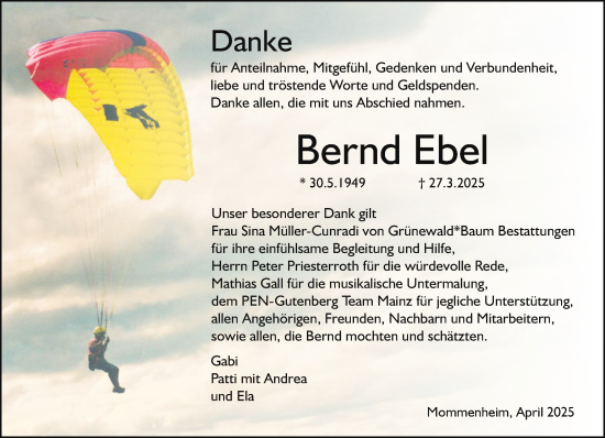 Traueranzeige von Bernd Ebel von Allgemeine Zeitung Mainz