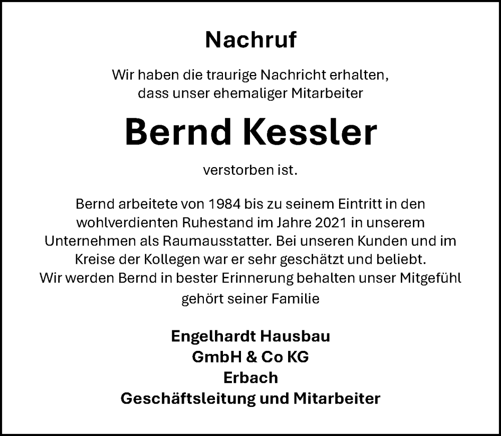  Traueranzeige für Bernd Kessler vom 24.05.2025 aus Odenwälder Echo