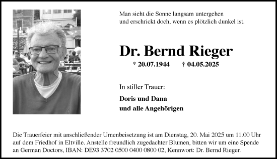 Traueranzeige von Bernd Rieger von Wiesbadener Kurier