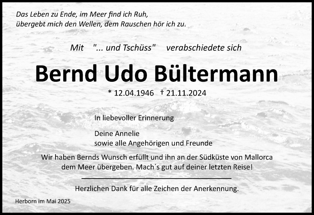  Traueranzeige für Bernd Udo Bültermann vom 03.05.2025 aus Dill Block