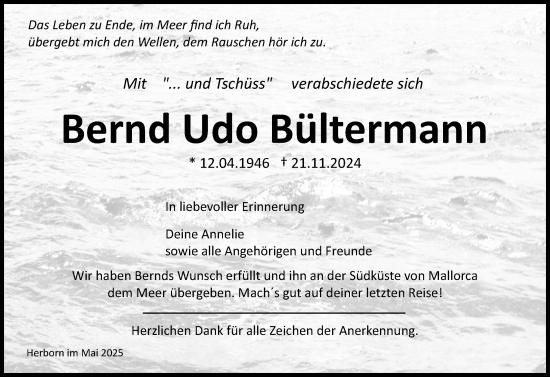 Traueranzeige von Bernd Udo Bültermann von Dill Block
