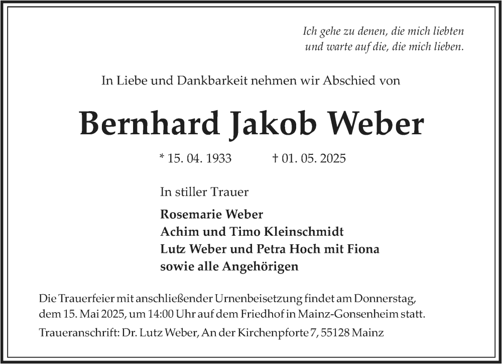  Traueranzeige für Bernhard Jakob Weber vom 10.05.2025 aus Wiesbadener Kurier