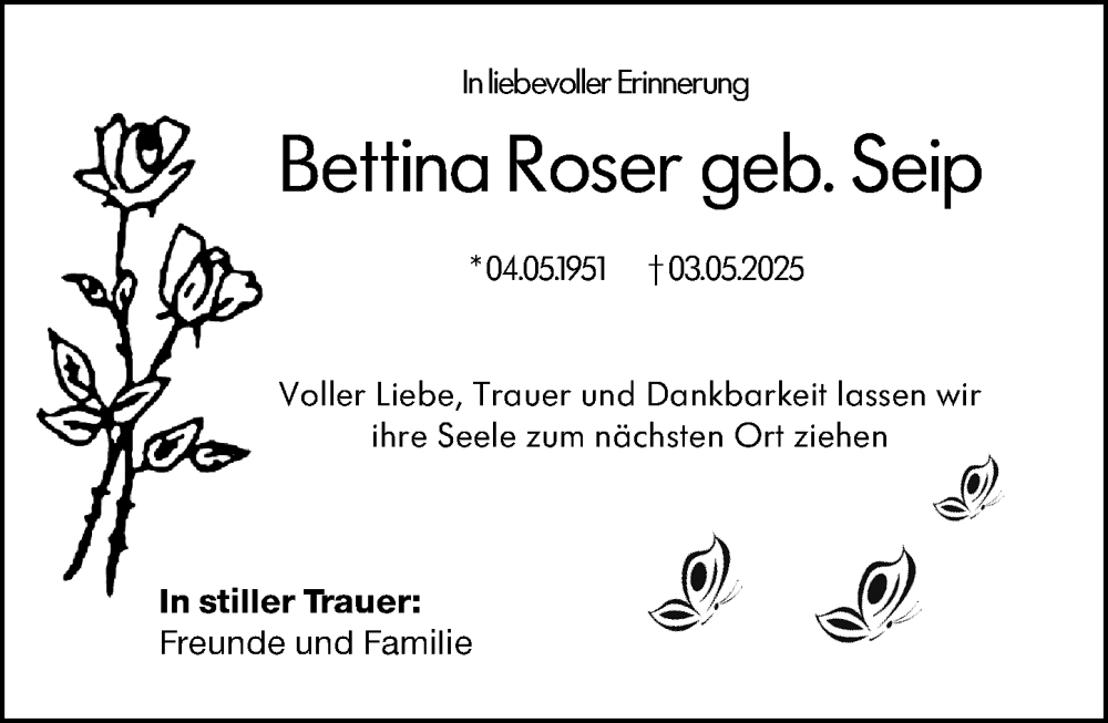  Traueranzeige für Bettina Roser vom 09.05.2025 aus Rüsselsheimer Echo