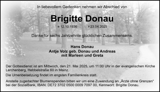 Traueranzeige von Brigitte Donau von Allgemeine Zeitung Mainz
