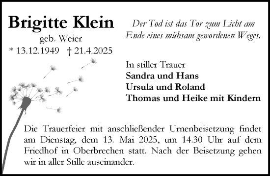Traueranzeige von Brigitte Klein von Camberger Anzeiger