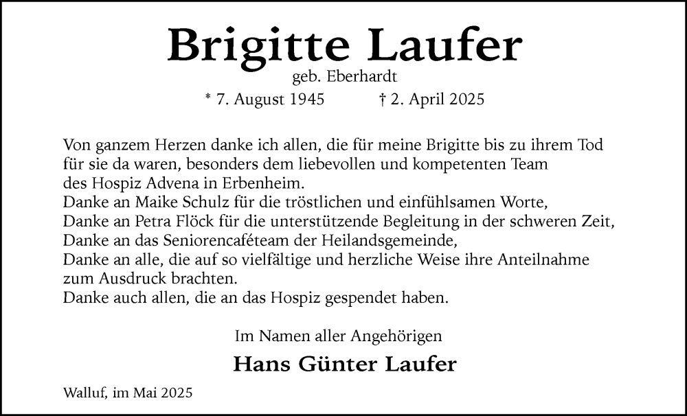  Traueranzeige für Brigitte Laufer vom 03.05.2025 aus Wiesbadener Kurier