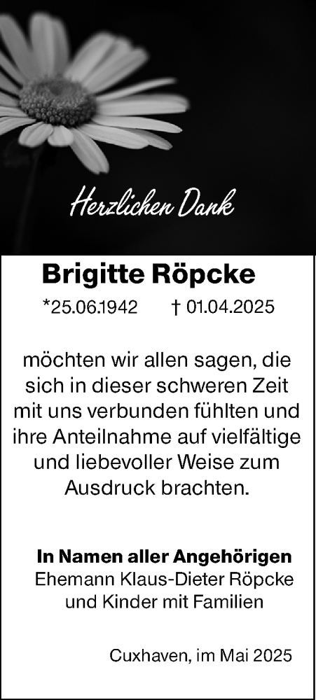 Traueranzeige von Brigitte Röpcke von Weilburger Tageblatt