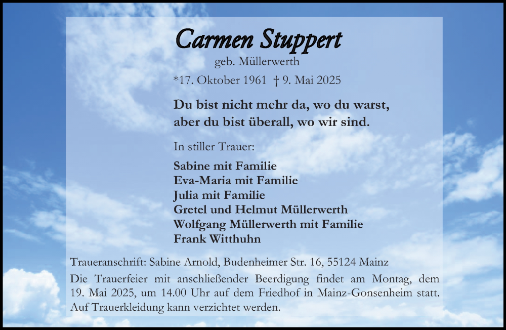  Traueranzeige für Carmen Stuppert vom 14.05.2025 aus Allgemeine Zeitung Mainz