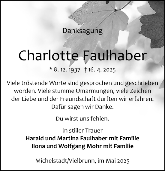 Traueranzeige von Charlotte Faulhaber von Odenwälder Echo