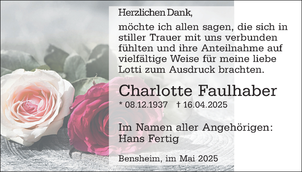  Traueranzeige für Charlotte Faulhaber vom 10.05.2025 aus Odenwälder Echo