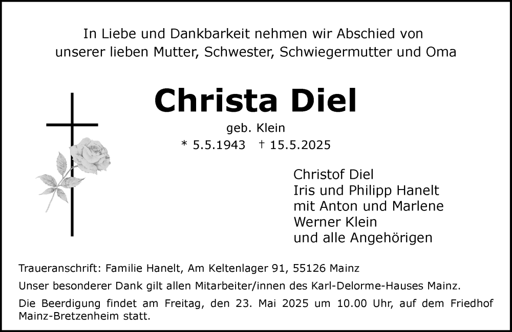  Traueranzeige für Christa Diel vom 17.05.2025 aus Allgemeine Zeitung Mainz