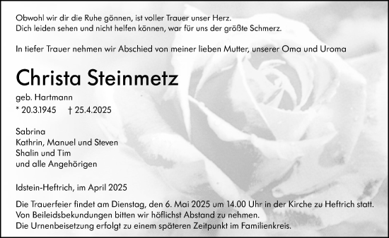 Traueranzeige von Christa Steinmetz von Wiesbadener Kurier