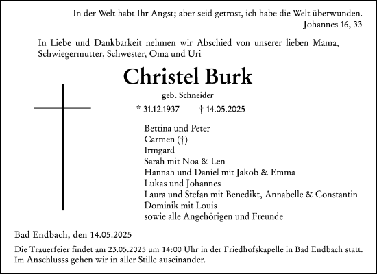 Traueranzeige von Christel Burk von Hinterländer Anzeiger