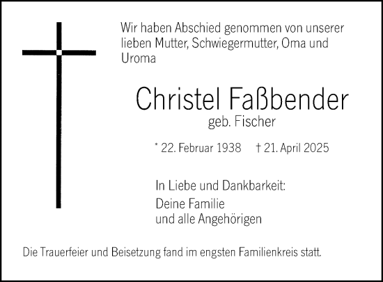 Traueranzeige von Christel Faßbender von Hochheimer Zeitung