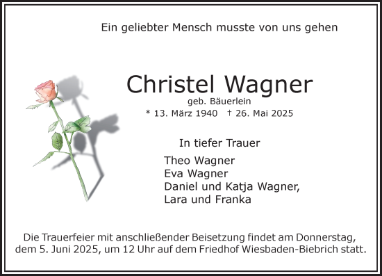 Traueranzeige von Christel Wagner von Wiesbadener Kurier